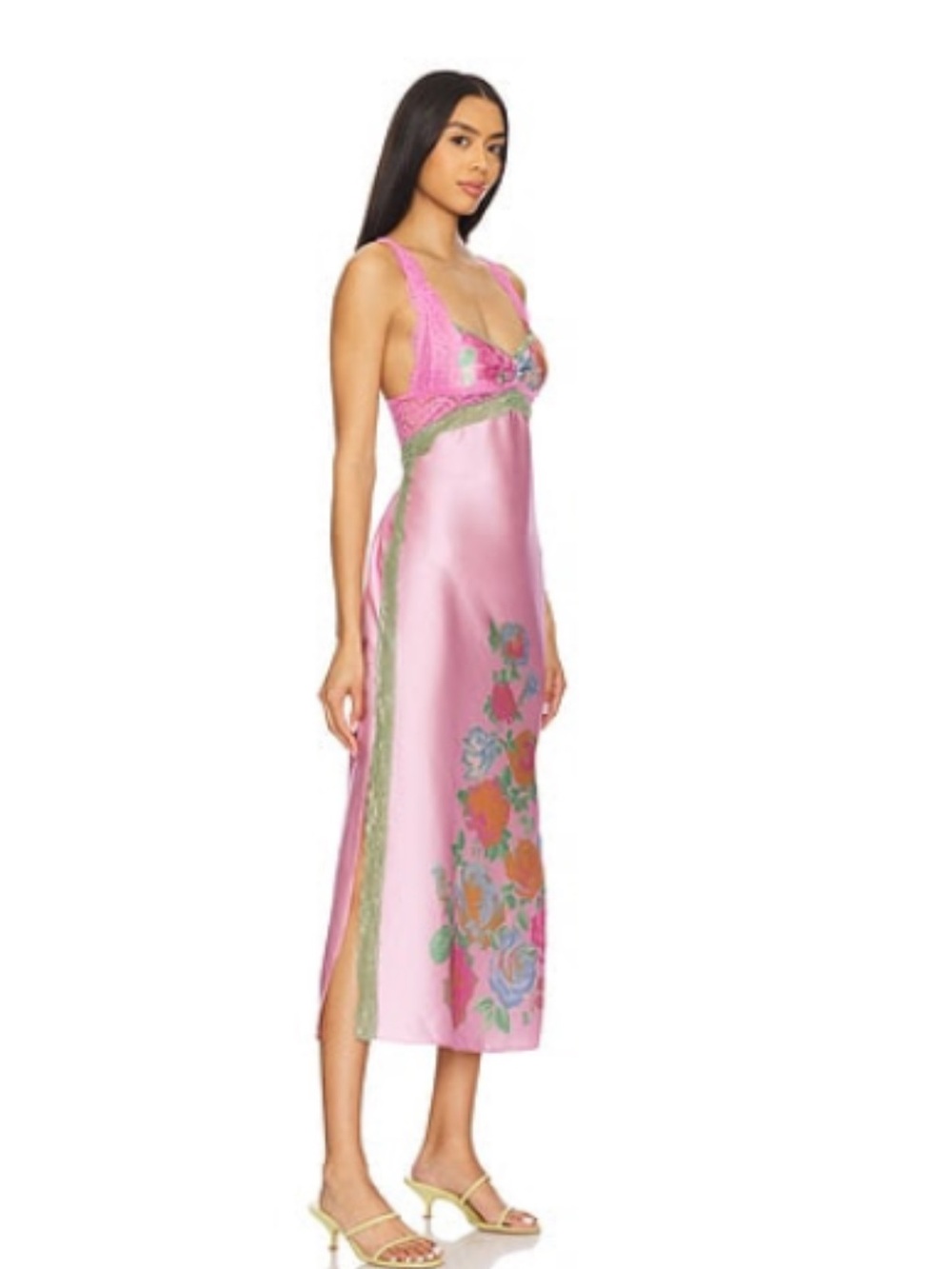 Free people sz small Pink Satin Floral Slip Dress with Lace Trim